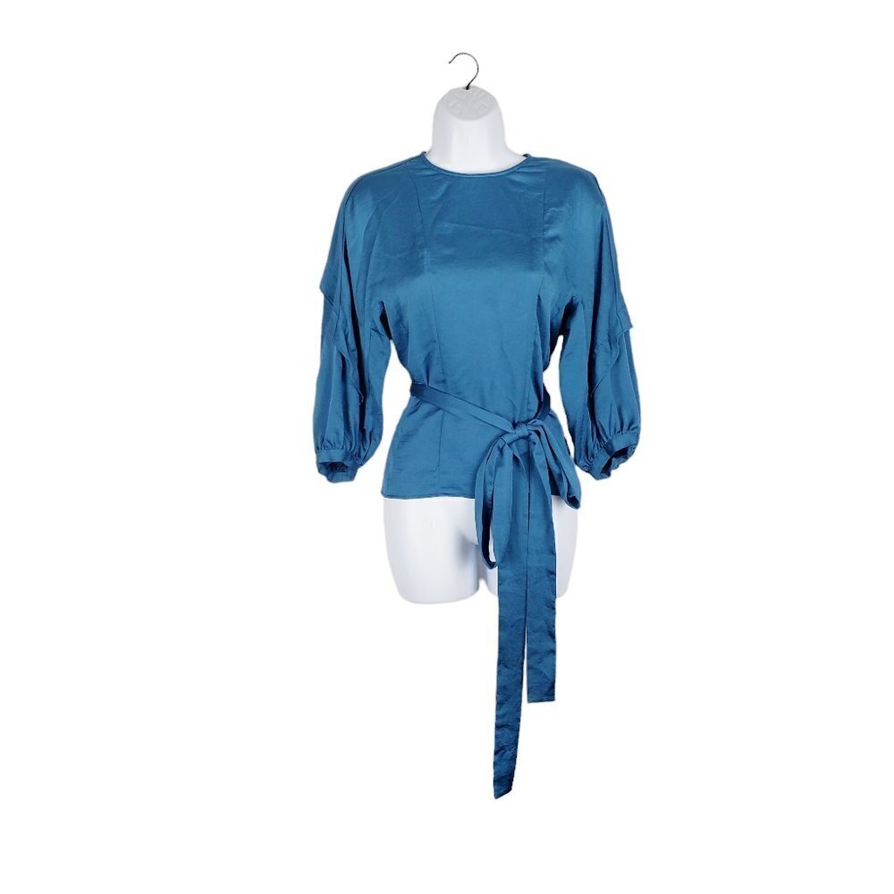 Maje Lavana Blouse Blue Self Tie Waist Top Elbow Balloon Sleeve Size 2/Medium